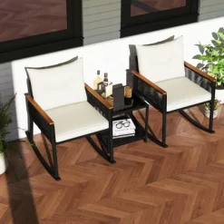 Tangkula 3 PCS Patio Rocking Bistro Set Outside Wicker Rockers W/ 2-Tier Tempered Glass Coffee Table
