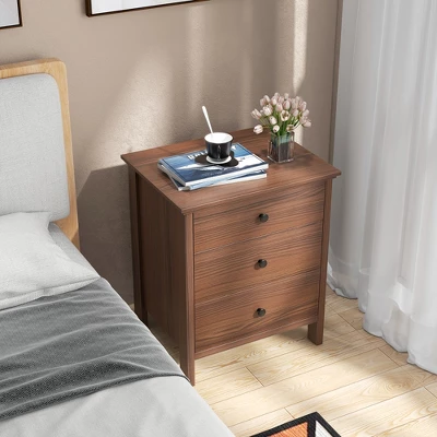 Tangkula 3-Drawer Nightstand Wooden Bedside Table Modern Side End Table Walnut 2 Tangkula 3-Drawer Nightstand Wooden Bedside Table Modern Side End Table Walnut