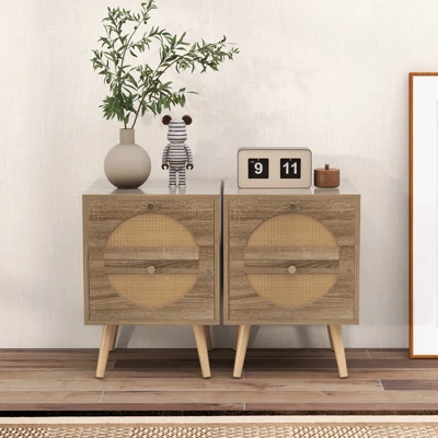 Tangkula Rattan Nightstand Set Of 2 End Side Table With 2 Rattan Drawers Pine Wood Legs Wood Accent Table 3 Tangkula Rattan Nightstand Set Of 2 End Side Table With 2 Rattan Drawers Pine Wood Legs Wood Accent Table