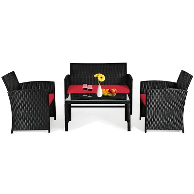 Tangkula 4 Piece Outdoor Patio Rattan Furniture Set Red Cushioned Seat For Garden, Porch, Lawn 7 Tangkula 4 Piece Outdoor Patio Rattan Furniture Set Red Cushioned Seat For Garden, Porch, Lawn - Image 5