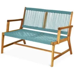 Tangkula 2-Person Outdoor Acacia Wood Bench Patio Loveseat Rope Bench Turquoise/Black -Tangkula GUEST a19128d6 fdba 43f9 b320 bfd2619e9b30