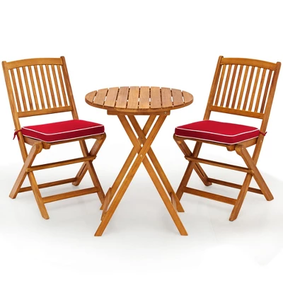Tangkula 3PCS Folding Acacia Wood Bistro Set Patio Conversation Set W/ Red Cushions 11 Tangkula 3PCS Folding Acacia Wood Bistro Set Patio Conversation Set W/ Red Cushions - Image 9
