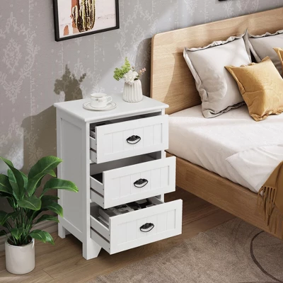 Tangkula End Table Nightstand Bedroom Storage W/ 3 Drawers & Wood Slide White 5 Tangkula End Table Nightstand Bedroom Storage W/ 3 Drawers & Wood Slide White - Image 3