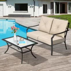Tangkula 2PCS Patio Loveseat & Coffee Table Set Outdoor Cushioned Sofa For Garden Backyard