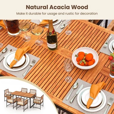 Tangkula 7PCS Dining Set Outdoor Acacia Wood Table W/ Soft Cushions Umbrella Hole Patio 3 Tangkula 7PCS Dining Set Outdoor Acacia Wood Table W/ Soft Cushions Umbrella Hole Patio
