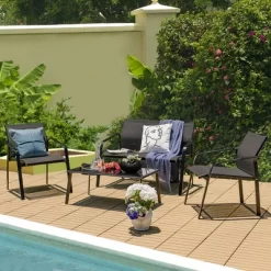 Tangkula 4PCS Patio Conversation Futniture Set W/ Fabric And Anti-Rust Steel Frame
