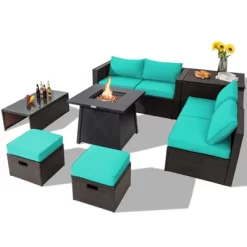 Tangkula 9PCS Outdoor Patio Furniture Set With 30" Propane Fire Pit Table PE Wicker Space-Saving Sectional Sofa Set W/ Storage Box & Cushions -Tangkula GUEST a5372c13 1053 456a b5e1 91a6c8ad45f3