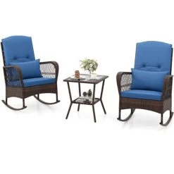 Tangkula 3 Piece Rocker Set Outdoor Wicker Rocking Chairs With Double-Layer Rattan Rocker Chair Set With Back Cushions & Pillows Beige/Gray/Blue/Red -Tangkula GUEST a5725337 2574 48e8 8619 b8e73e785d90