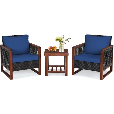 Tangkula 3PCS Patio Rattan Bistro Set Acacia Wood Frame Cushioned Sofa And Side Table 8 Tangkula 3PCS Patio Rattan Bistro Set Acacia Wood Frame Cushioned Sofa And Side Table - Image 6