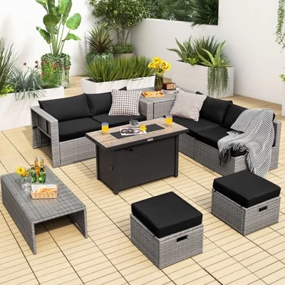 Tangkula 9 PCS Patio Furniture Set With 42" 60,000 BTU Fire Pit Outdoor Space-Saving Sectional Sofa Set With Storage Box Black/Gray/Navy/Red/Turquoise/Off White 4 Tangkula 9 PCS Patio Furniture Set With 42" 60,000 BTU Fire Pit Outdoor Space-Saving Sectional Sofa Set With Storage Box Black/Gray/Navy/Red/Turquoise/Off White - Image 2