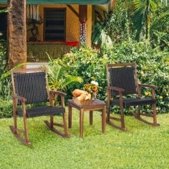 Tangkula 3 PCS Patio Rattan Bistro Set Outdoor Rocking Chairs & Table Set Rustic Brown -Tangkula GUEST a63f1c04 c54e 467f ae5e 855af3e32f48