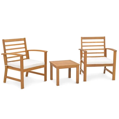Tangkula 3PCS Furniture Set Acacia Wood Conversation Set W/ Soft Seat Cushions Outdoor White 5 Tangkula 3PCS Furniture Set Acacia Wood Conversation Set W/ Soft Seat Cushions Outdoor White - Image 3