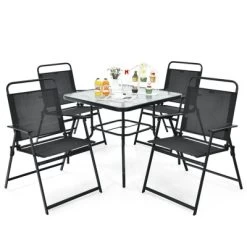 Tangkula 6-Piece Patio Dinning Sets Garden Table Set Outdoor Folding Chairs & Glass Table Set W/ Umbrella Grey -Tangkula GUEST a6b93a14 8fcd 41ca 9739 8ca3fa75fa5c