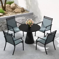 Tangkula Patio Dining Chairs Set Of 4 All Weather Outdoor Chairs W/ High Back & Armrests Blue