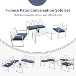 Tangkula 4PCS Patio Furniture Set Outdoor Conversation Set Metal Frame W/ Navy Cushions -Tangkula GUEST a70fa119 3d38 49a2 b790 5dbc7613ad33