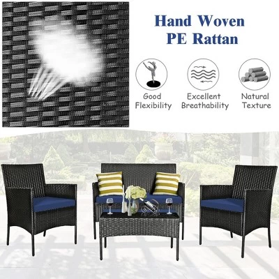 Tangkula 4PCS Outdoor Furniture Set Patio Rattan Conversation Set W/ Navy & Off White Cushion 6 Tangkula 4PCS Outdoor Furniture Set Patio Rattan Conversation Set W/ Navy & Off White Cushion - Image 4