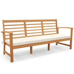 Tangkula 3-Seat Patio 64 Inch Wood Bench W/ Seat Cushion Slatted Seat & Backrest Outdoor -Tangkula GUEST a74a90e8 8102 47b4 ae41 1d4af5bf7a59
