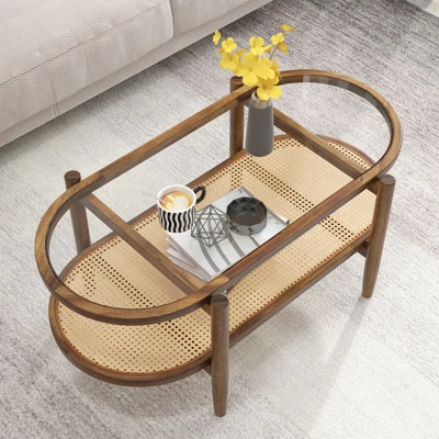 Tangkula 2-Tier Acacia Wood Coffee Table Mid-Century Modern Rectangular Center Table With Glass Tabletop And Imitation Rattan Storage Shelf 4 Tangkula 2-Tier Acacia Wood Coffee Table Mid-Century Modern Rectangular Center Table With Glass Tabletop And Imitation Rattan Storage Shelf - Image 2