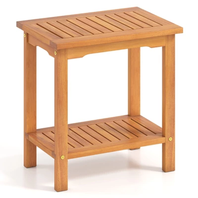 Tangkula Outdoor Acacia Wood Side Table 2-Tier Patio End Table W/ Slatted Tabletop 9 Tangkula Outdoor Acacia Wood Side Table 2-Tier Patio End Table W/ Slatted Tabletop - Image 7