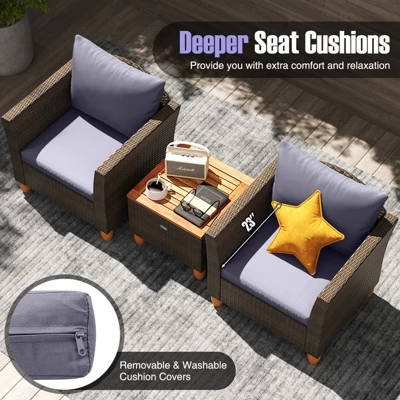 Tangkula Set Of 3 Rattan Bistro Furniture Set Solid Acacia Wood Table Top Cushioned Sofa Patio 9 Tangkula Set Of 3 Rattan Bistro Furniture Set Solid Acacia Wood Table Top Cushioned Sofa Patio - Image 7