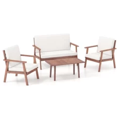 Tangkula 4PCS Conversation Set Acacia Wood Sofa Coffee Table W/ Cushioned Seat Patio -Tangkula GUEST a83e6040 47c9 4e55 bfb5 e2fa99e871e1