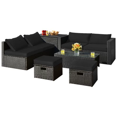 Tangkula 8PCS Patio Conversation Set Sectional Sofa Set, All-Weather PE Rattan, Tempered Glass Table & Washable Cushion Covers 13 Tangkula 8PCS Patio Conversation Set Sectional Sofa Set, All-Weather PE Rattan, Tempered Glass Table & Washable Cushion Covers - Image 11