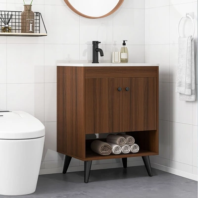 Tangkula 25 Inch Wooden Bathroom Vanity Sink Combo With Open Shelf & Sink & Pop Up Drain 3 Tangkula 25 Inch Wooden Bathroom Vanity Sink Combo With Open Shelf & Sink & Pop Up Drain