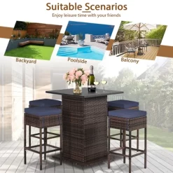 Tangkula Tangkula 5PCS Patio Bar Set Rattan Bar Furniture Set W/ Table & 4 Cushioned Stools Navy -Tangkula GUEST a87be921 e220 4800 ae92 d6592ed76963