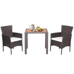 Tangkula Set Of 3 Wicker Dining Set Acacia Wood Table Top W/ Cushioned Chairs Patio Garden -Tangkula GUEST a8e4cd8b a7b6 4812 ad75 d67d945e4614