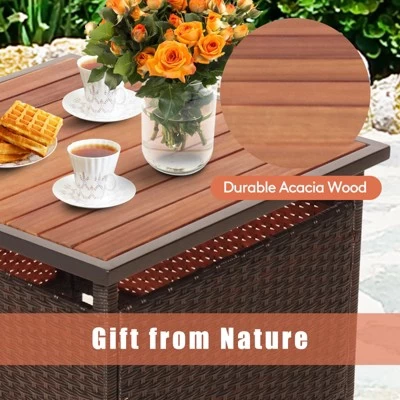 Tangkula 3 PCS Patio Furniture Set PE Wicker Bistro Set W/Acacia Wood Coffee Table & Umbrella Hole For Backyard Garden Poolside 9 Tangkula 3 PCS Patio Furniture Set PE Wicker Bistro Set W/Acacia Wood Coffee Table & Umbrella Hole For Backyard Garden Poolside - Image 7