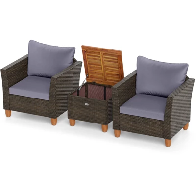 Tangkula Set Of 3 Rattan Bistro Furniture Set Solid Acacia Wood Table Top Cushioned Sofa Patio 11 Tangkula Set Of 3 Rattan Bistro Furniture Set Solid Acacia Wood Table Top Cushioned Sofa Patio - Image 9
