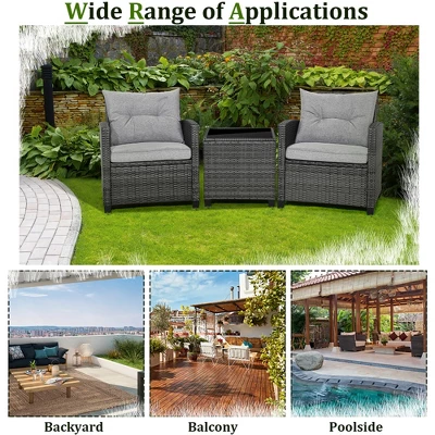 Tangkula 3PCS Patio Rattan Sofa Set Outdoor Wicker Conversation Set Glass Tabletop W/ Grey Cushion 9 Tangkula 3PCS Patio Rattan Sofa Set Outdoor Wicker Conversation Set Glass Tabletop W/ Grey Cushion - Image 7