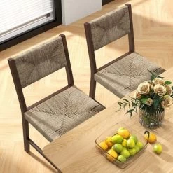 Tangkula Wooden Dining Chair Set Of 2 W/ Natural Weave Seagrass Rattan Backrest & Seat