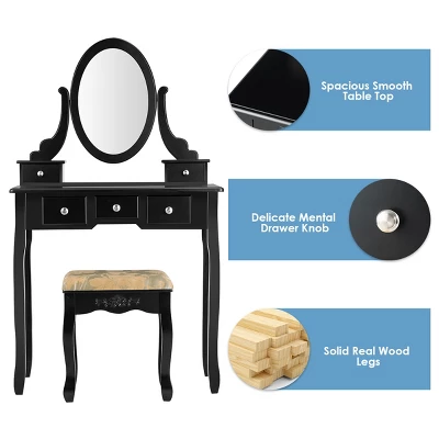 Tangkula Vanity Table Set W/ 360° Rotating Oval Mirror & Drawers Black/White 6 Tangkula Vanity Table Set W/ 360° Rotating Oval Mirror & Drawers Black/White - Image 4