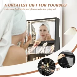 Tangkula 360° Rotating Mirrored Jewelry Cabinet Armoire 3 Color LED Modes Lockable Black -Tangkula GUEST aa7ff2e4 dfbd 4439 b413 fff75d3ec04b