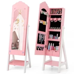 Tangkula Kids Jewelry Armoire Cabinet Freestanding Full Length Dressing Mirror With Large Capacity Pink/White -Tangkula GUEST aaaf8f8b bb4f 42ff a94d 6b88ca5307c9