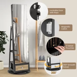 Tangkula 360° Swivel Jewelry Cabinet W/ Mirror Jewelry Storage Organizer Built-in Lights Black -Tangkula GUEST aadcfcef ab90 49ad 9d6d 6fdd16a63056