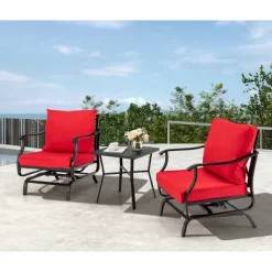 Tangkula 3PCS Outdoor Rocking Chair Set Patio Conversation Bistro Set W/ Red Cushions