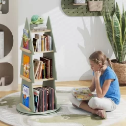 Tangkula Kids Rotating Bookshelf 4 Tier Tree Shape Revolving Bookcase 360°Display Rack