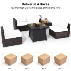 Tangkula 6-Piece Patio Furniture Set W/ 30" Propane Fire Pit Table Outdoor PE Wicker Conversation Set W/ Cushions &Tempered Glass Coffee Table -Tangkula GUEST ab42643f 6380 435e 948a a852e1abfc7a