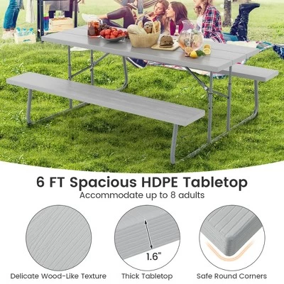 Tangkula Folding Picnic Table W/ 2 Benches 6 FT Camping Table Set W/ All-Weather HDPE Tabletop Grey 6 Tangkula Folding Picnic Table W/ 2 Benches 6 FT Camping Table Set W/ All-Weather HDPE Tabletop Grey - Image 4
