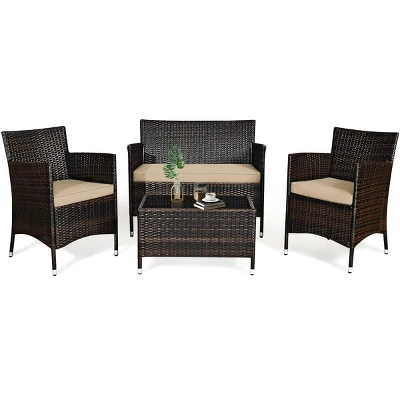 Tangkula 4-Piece Patio Rattan Wicker Conversation Furniture Set Sofa Chair Table Set 5 Tangkula 4-Piece Patio Rattan Wicker Conversation Furniture Set Sofa Chair Table Set - Image 3