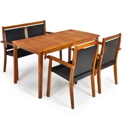 Tangkula 4PCS Patio Dining Set Acacia Wood Rattan Furniture Set W/ Umbrella Hole -Tangkula GUEST ac46f3a1 0359 428e 964e 73e399056597