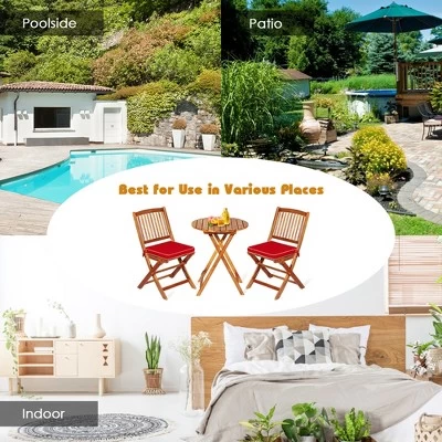 Tangkula 3PCS Folding Acacia Wood Bistro Set Patio Conversation Set W/ Red Cushions 6 Tangkula 3PCS Folding Acacia Wood Bistro Set Patio Conversation Set W/ Red Cushions - Image 4