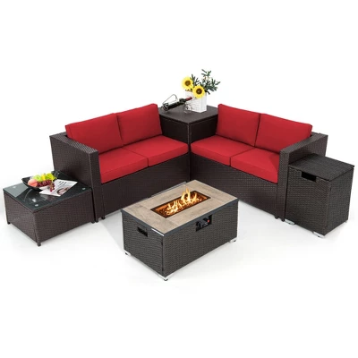 Tangkula 6 Piece Patio Sofa & Fire Table Set Outdoor Rattan Sectional Sofa Set W/ Storage Box Red 9 Tangkula 6 Piece Patio Sofa & Fire Table Set Outdoor Rattan Sectional Sofa Set W/ Storage Box Red - Image 7
