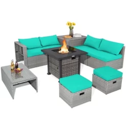 Tangkula 9 Pieces Outdoor Patio Furniture Set W/ 32" Propane Fire Pit Table Sectional Sofa Set W/ Storage Box Black/Gray/Navy/Red/Turquoise/Off White -Tangkula GUEST adda2675 f944 4a13 bda9 cb5fe7f8d3e0