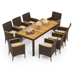 Tangkula 9 Pieces Patio Dining Set For 8 Outdoor Rectangular Acacia Wood Table And PE Rattan Chairs With Umbrella Hole -Tangkula GUEST adde8928 538f 4565 8f8d 7e504eb76ee8