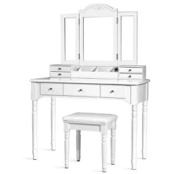 Tangkula 7 Drawers Tri-Folding Vanity Mirror Makeup Dressing Table Set W/ Necklace Hook -Tangkula GUEST ae27b0b2 c6bf 4ee8 b8b2 e4b9a315a001