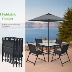 Tangkula 6-Piece Patio Dinning Sets Garden Table Set Outdoor Folding Chairs & Glass Table Set W/ Umbrella Grey -Tangkula GUEST ae55a43f 631a 451b 8692 3ae3bf155193
