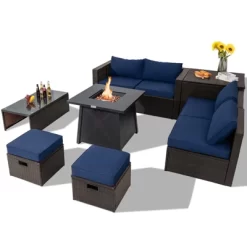 Tangkula 9PCS Outdoor Patio Furniture Set With 30" Propane Fire Pit Table PE Wicker Space-Saving Sectional Sofa Set W/ Storage Box & Cushions -Tangkula GUEST ae5dfbd6 b6f1 4575 82f5 116ff8898df7